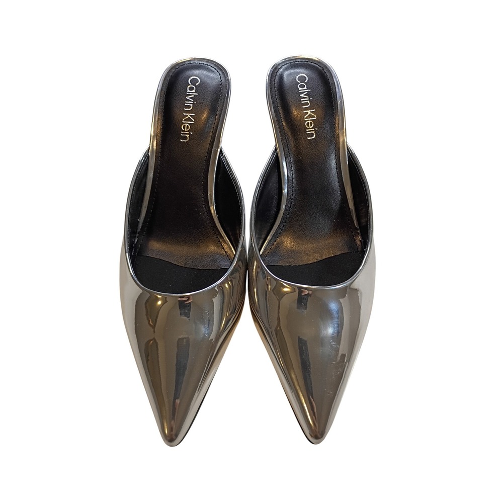 Calvin Klein Kalyn2 Silver Metallic Pointed Toe Mules Heels Womens 6.5 M